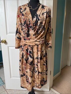 Women's Fall Favorite Beige and Black Floral Faux Wrap Dress
